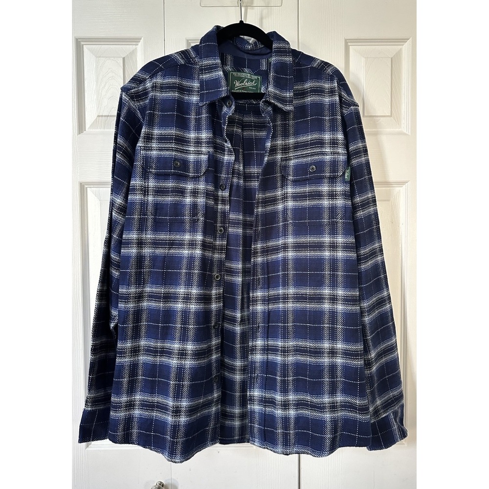 WOOLRICH Mens Blue White Plaid Brawny Flannel Buttonfront Shirt 2XL 100% Cotton